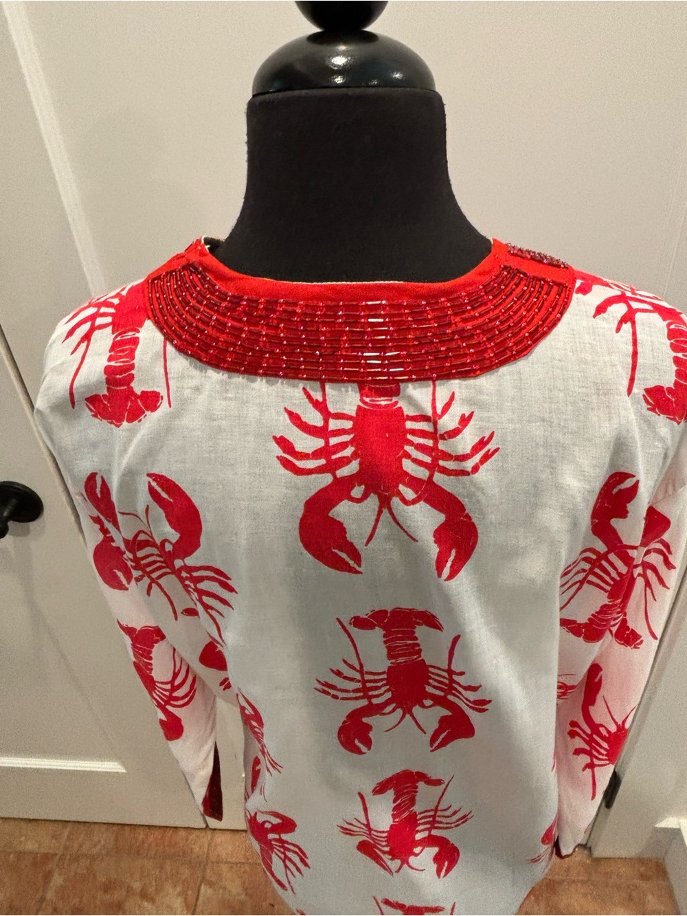 Barbara Gerwit Beaded Lobster Tunic White Red White Womens M Coastal Lobster - Picture 5 of 15